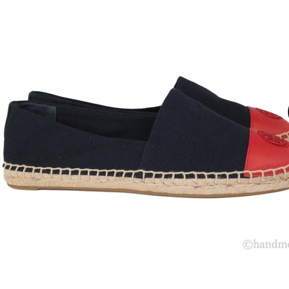 Tory Burch Recycled Canvas Leather Navy Red Color Block Espadrille Shoes - Picture 2 of 15